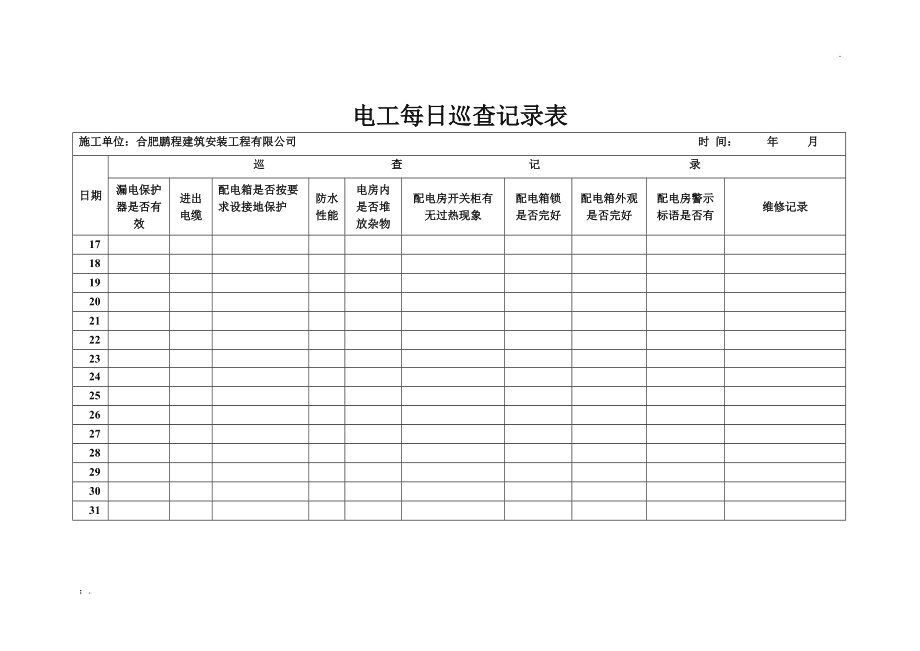 合肥配電箱電工每日巡查記錄表及規范操作指南